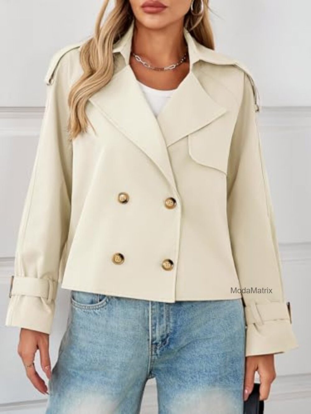 Cropped Trench Coat Oversized Double Breasted Lapel Long Sleeve Short Jacket - Picture 5 of 7